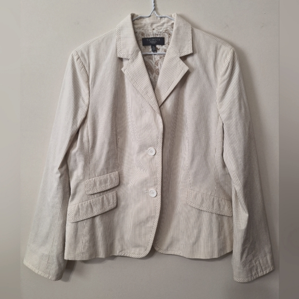Talbots 14 P Seersucker 100% cotton cream beige pinstripe blazer jacket